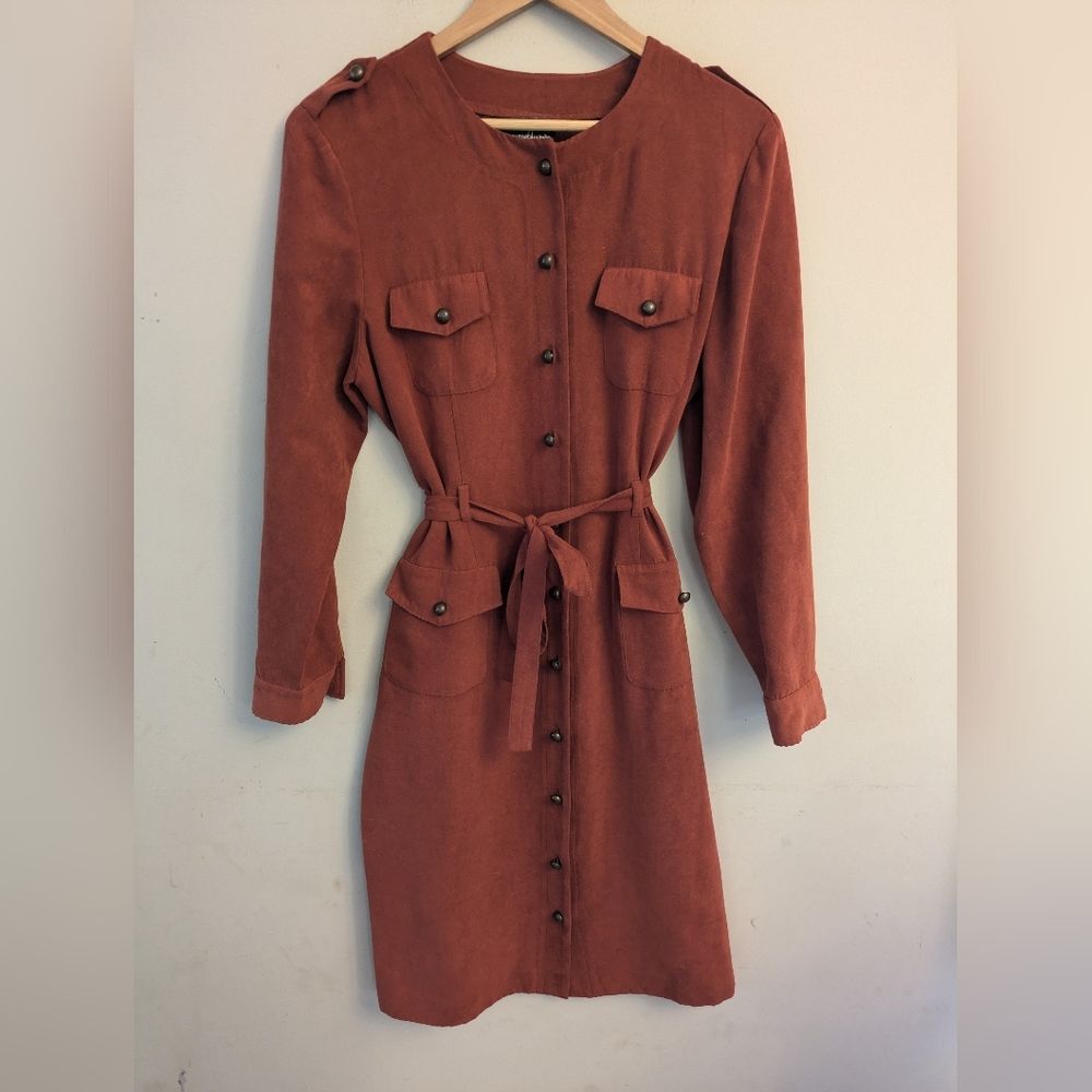 Vtg Sezane Inspired Women's Faux Suede Rust Midi Shirt Dress Size 14 Euro Chic